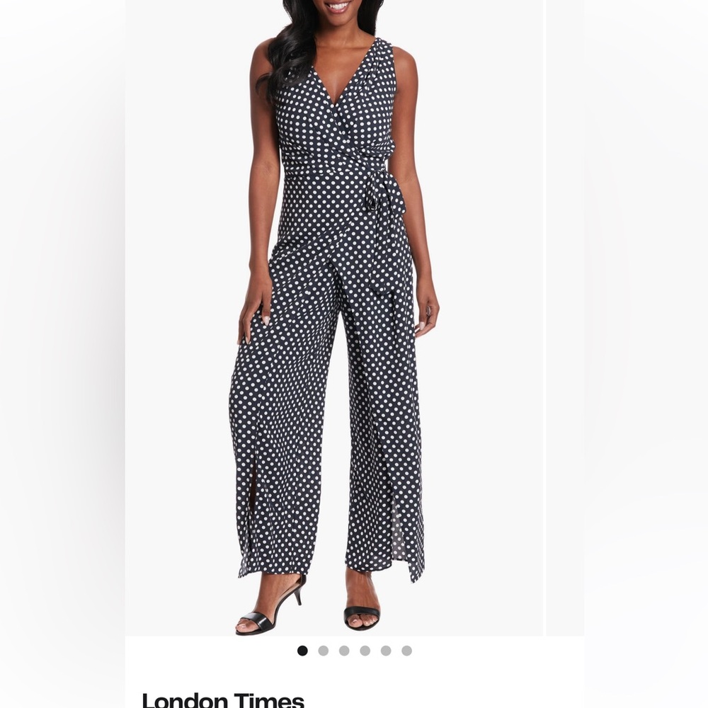 London Times Navy and White Polka Dot Jumpsuit